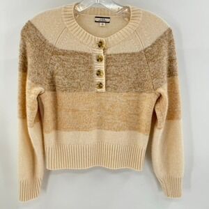 J. Crew Cashmere Marled Striped Cropped Ribbed Trim Henley Sweater Cream Sz S